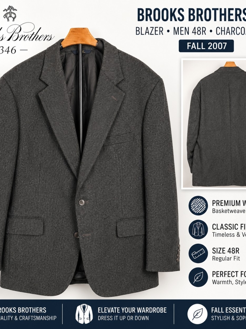 Brooks Brothers 346 Blazer Men 48R Charcoal Gray Wool Basketweave Fall 2007